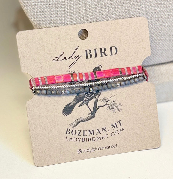 Magenta Sunset & Steel Grey Gold or Silver Stretchy Tila Bead Bracelet Stack