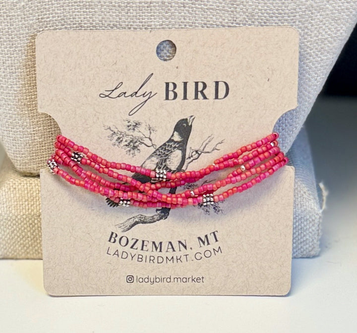 Magenta Sunset & Studded Silver Boho-Style Beaded Wrap Bracelet or Necklace