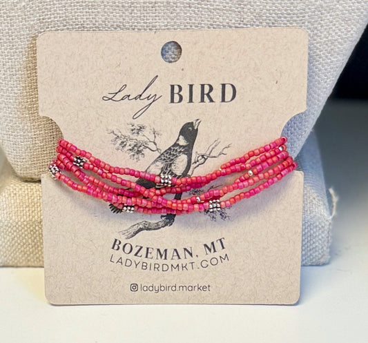 Magenta Sunset & Studded Silver Boho-Style Beaded Wrap Bracelet or Necklace