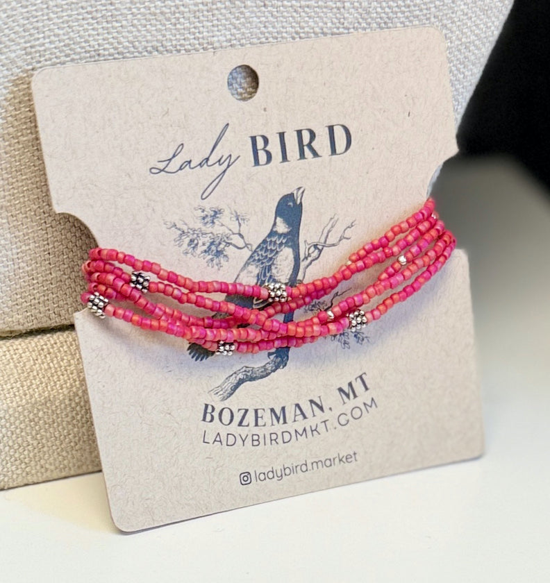 Magenta Sunset & Studded Silver Boho-Style Beaded Wrap Bracelet or Necklace