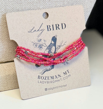 Magenta Sunset & Studded Silver Boho-Style Beaded Wrap Bracelet or Necklace