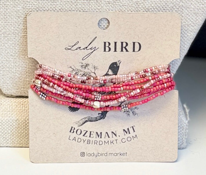 Double Up Magenta Sunset & Mixed Rose Silver Boho-Style Beaded Wrap Bracelet or Necklace Set