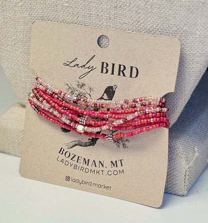 Double Up Magenta Sunset & Mixed Rose Silver Boho-Style Beaded Wrap Bracelet or Necklace Set