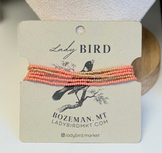 Salmon Run Silver or Gold Striped Boho-Style Beaded Wrap Bracelet or Necklace