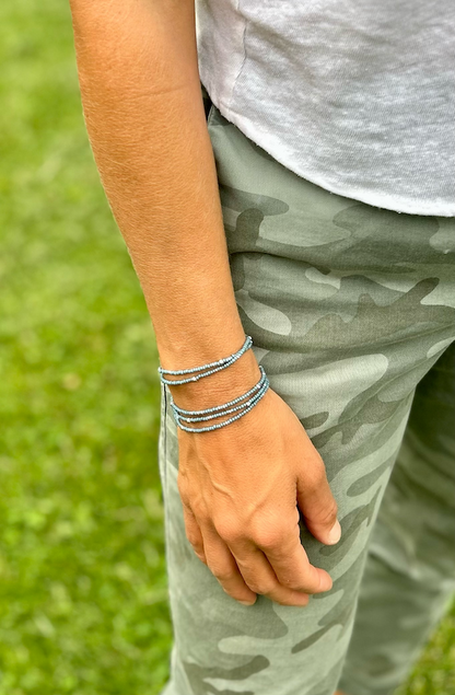 Sage Green Silver or Gold Sprinkled Beaded 5-Wrap Boho Bracelet