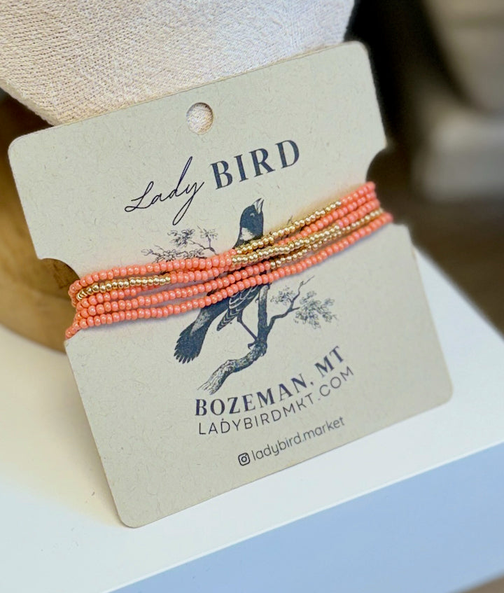 Salmon Run Silver or Gold Striped Boho-Style Beaded Wrap Bracelet or Necklace