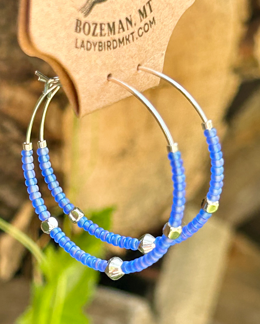 Cornflower Blue & Silver Beaded Hoop Earrings