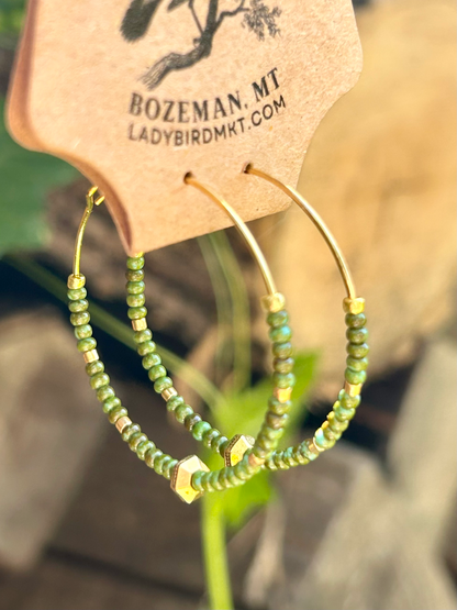 Hunter Green & Gold Beaded Hoop Earrings