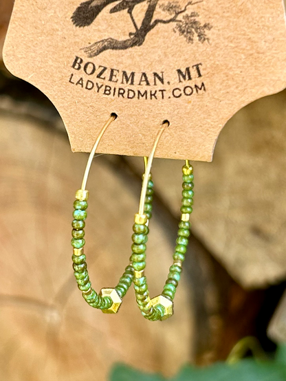 Hunter Green & Gold Beaded Hoop Earrings