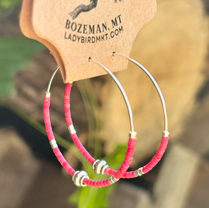 Brick Red & Silver Beaded Hoop Earrings