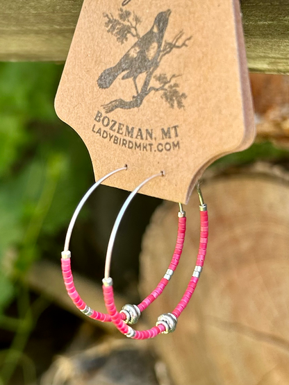 Brick Red & Silver Beaded Hoop Earrings