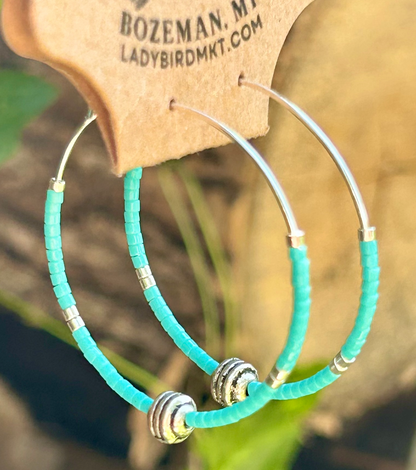 Turquoise & Silver Pendant Beaded Hoop Earrings