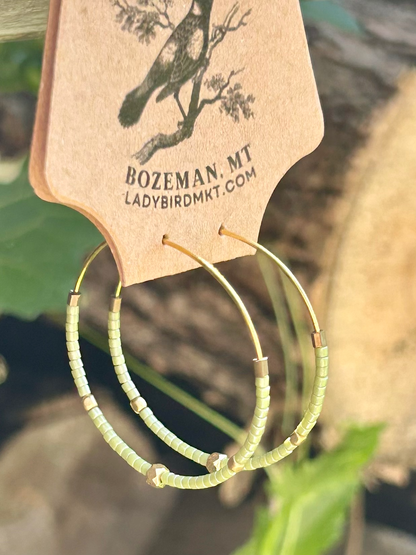 Pale Green & Gold Beaded Hoop Earrings