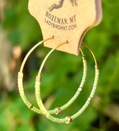 Pale Green & Gold Beaded Hoop Earrings