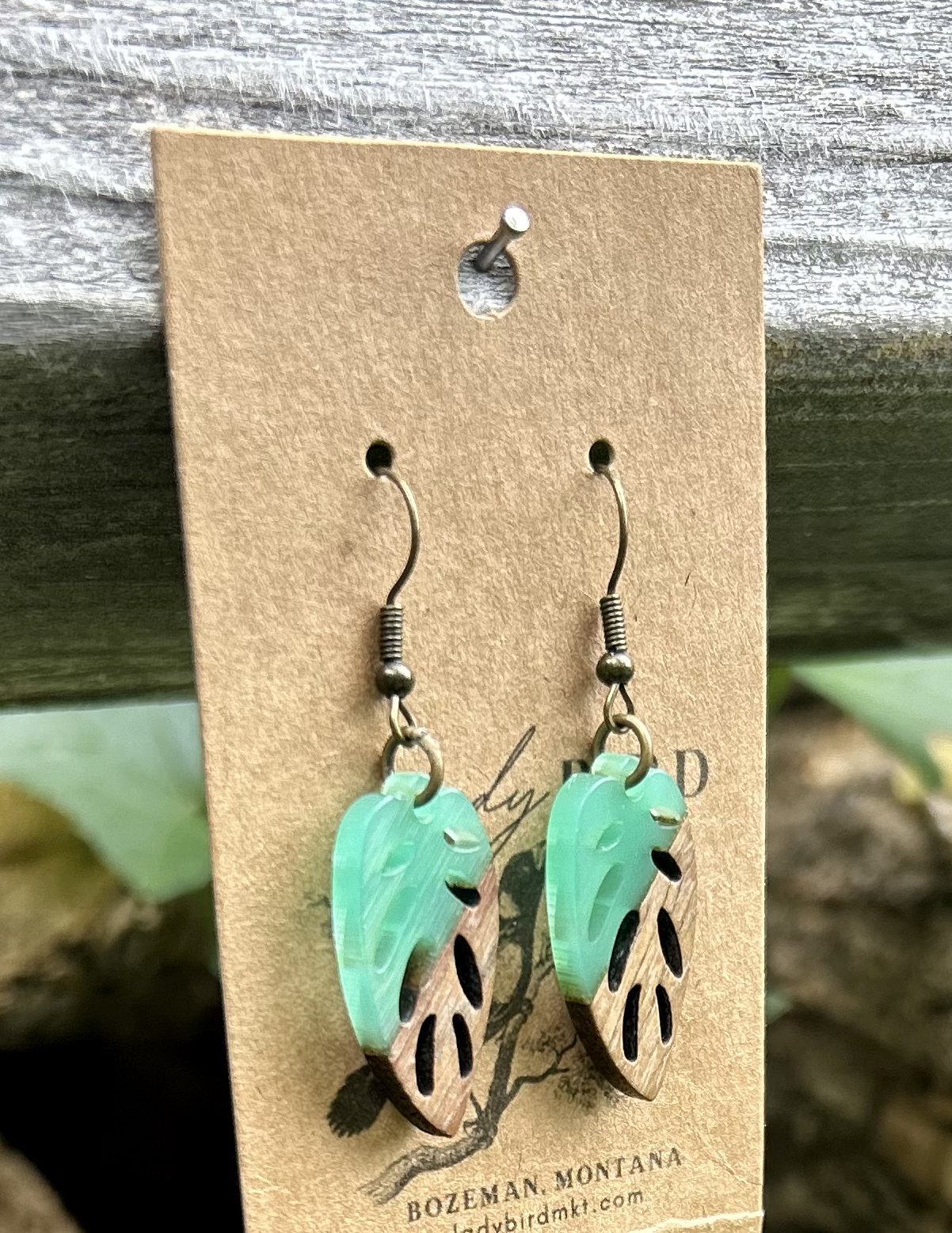 Walnut Wood & Turquoise Resin Leaf Earrings