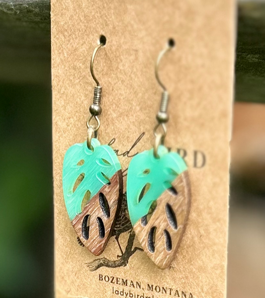 Walnut Wood & Turquoise Resin Leaf Earrings