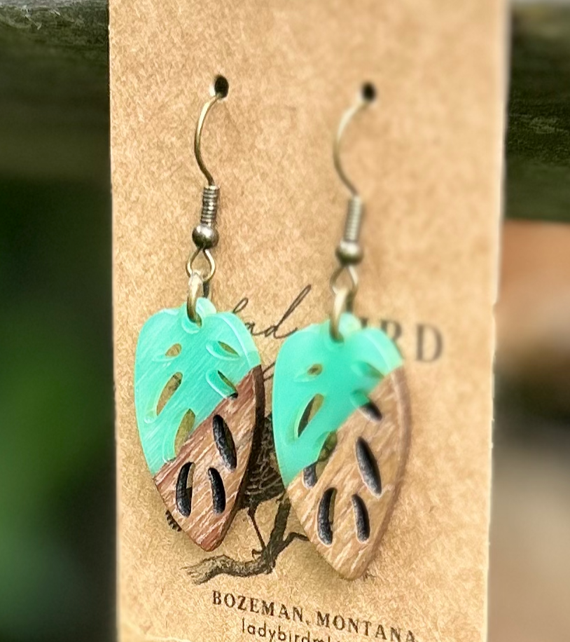 Walnut Wood & Turquoise Resin Leaf Earrings