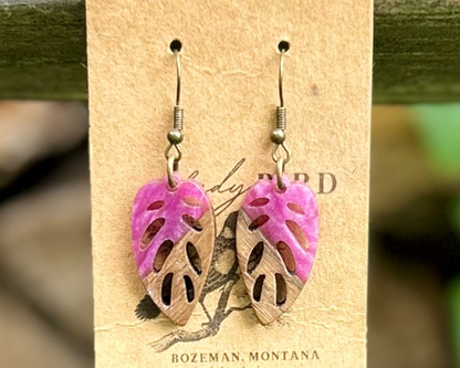 Walnut Wood & Magenta Resin Leaf Earrings