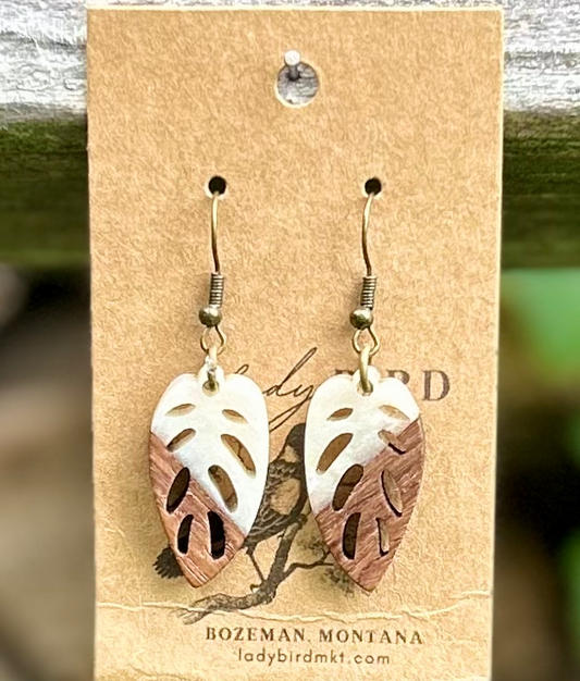 Walnut Wood & White Resin Leaf Earrings