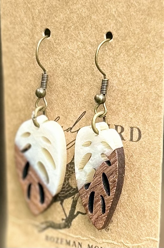 Walnut Wood & White Resin Leaf Earrings
