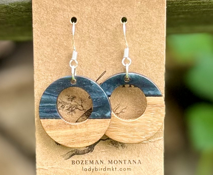 Walnut Wood & Black Resin Circle Earrings