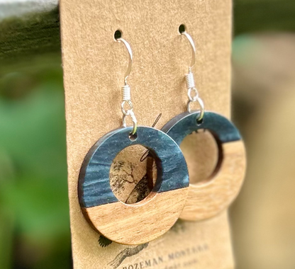 Walnut Wood & Black Resin Circle Earrings
