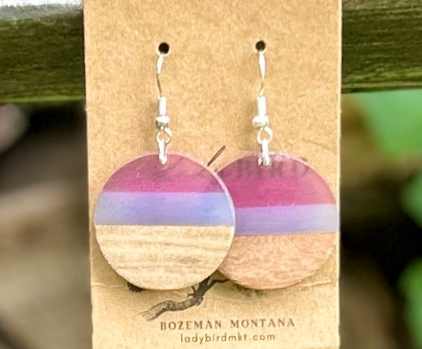 Walnut Wood & Purple Mixed Resin Circle Earrings