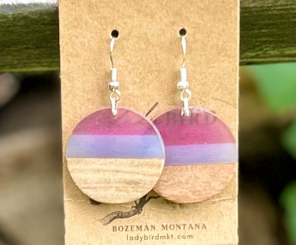 Walnut Wood & Purple Mixed Resin Circle Earrings