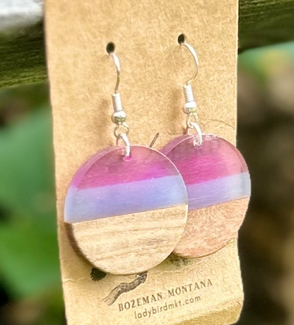 Walnut Wood & Purple Mixed Resin Circle Earrings