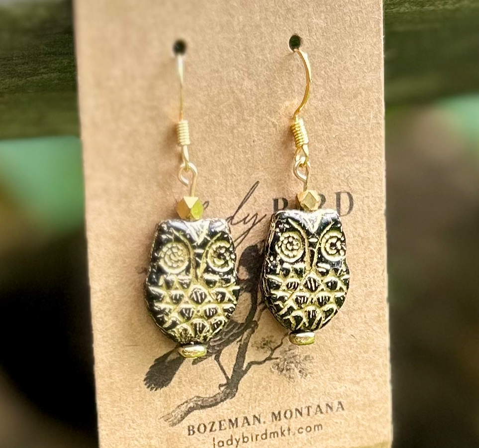 Black & Gold Etched Czech Glass Owl Earrings