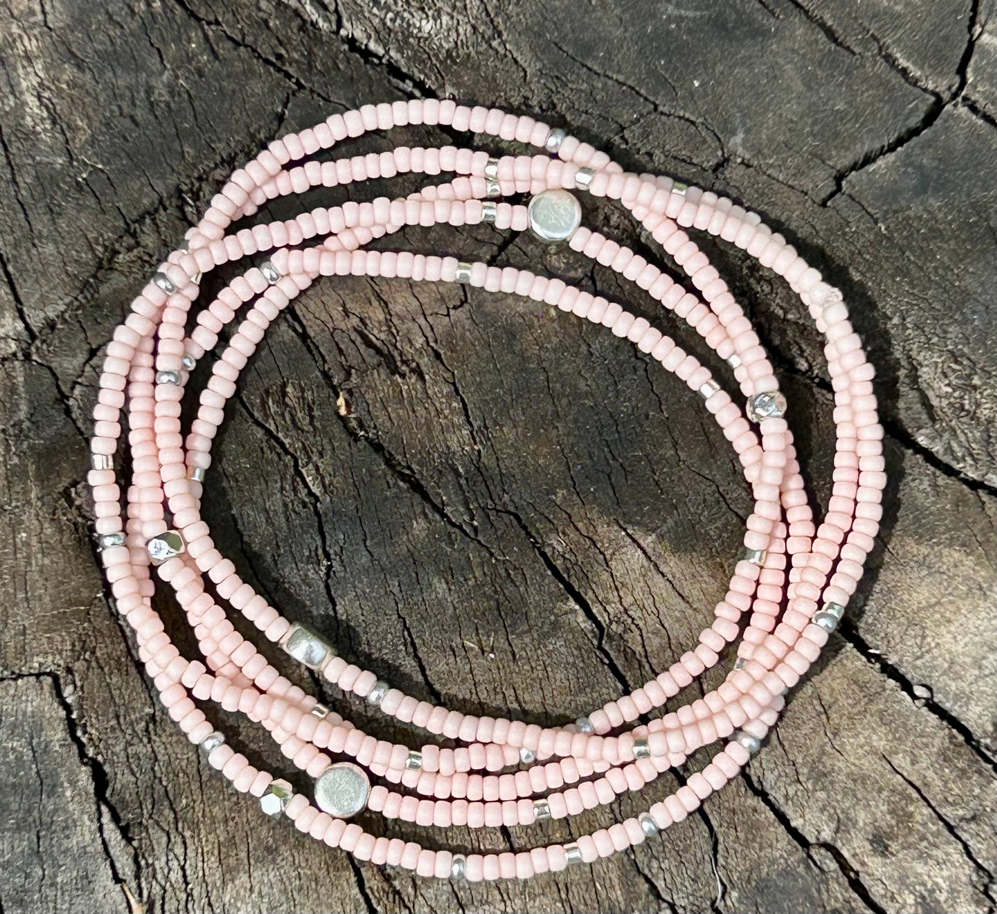 Light Pink Silver-Sprinkled Beaded 5-Wrap Bracelet