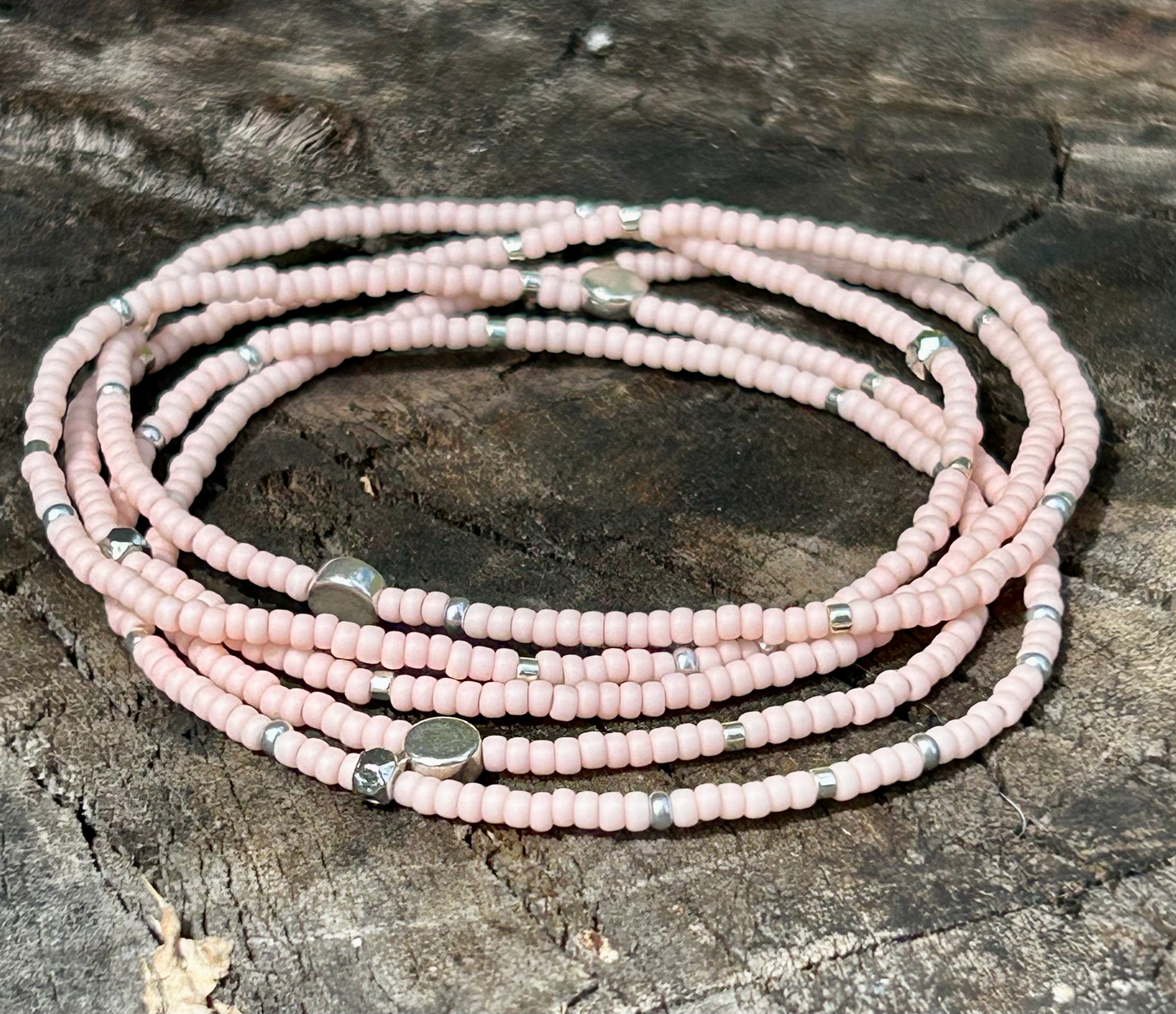 Light Pink Silver-Sprinkled Beaded 5-Wrap Bracelet