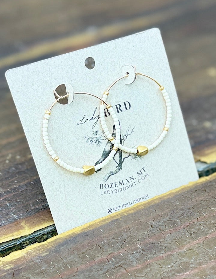 Creamy White & Wavy Gold Boho Style Seed Bead Hoop Earrings