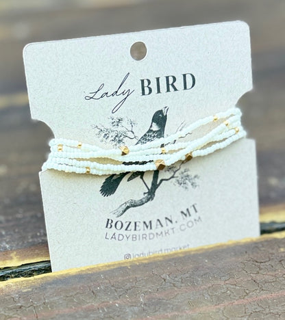 Creamy White Seed Bead Wrap Bracelet Stack or Necklace with Rustic Gold or Silver