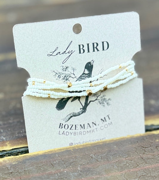 Creamy White Seed Bead Wrap Bracelet Stack or Necklace with Rustic Gold or Silver