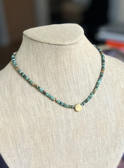 African Turquoise Stretchy Boho Necklace with Gold or Silver Circle Pendant – Gemstone Jewelry