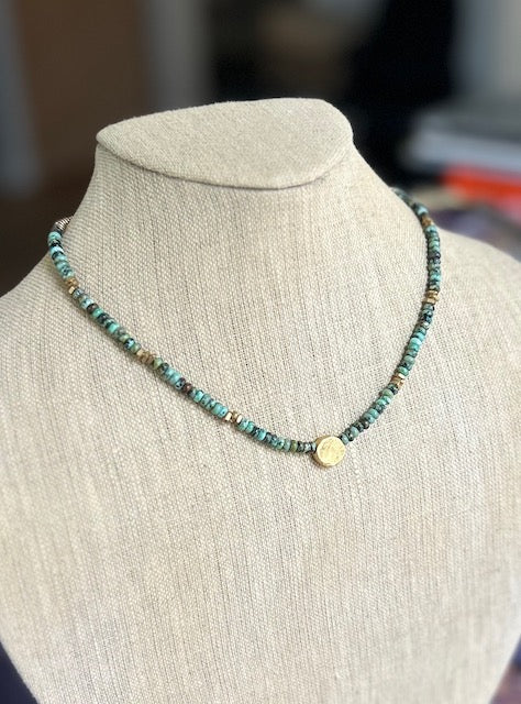 African Turquoise & Gold Pendant Stretchy Boho Gemstone Necklace