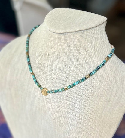 African Turquoise Stretchy Boho Necklace with Gold or Silver Circle Pendant – Gemstone Jewelry