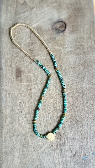 African Turquoise Stretchy Boho Necklace with Gold or Silver Circle Pendant – Gemstone Jewelry