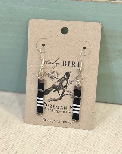 Black & White Zebra Striped & Silver Tila Bead Dangle Earrings