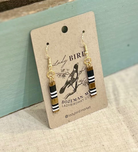 Black & White Zebra Striped with Gold Tila Bead Dangle Earrings