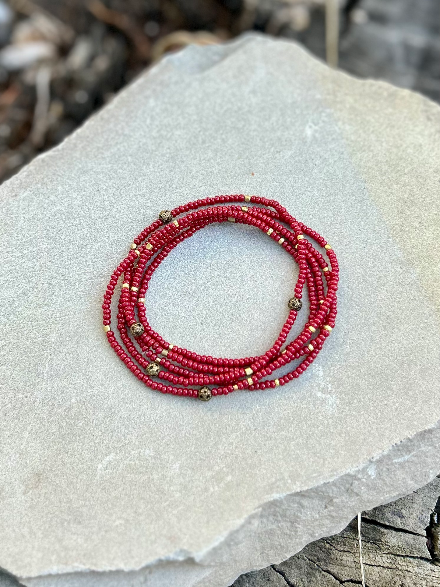 Burgundy Red & Antique-Gold 5-Wrap Seed Bead Bracelet