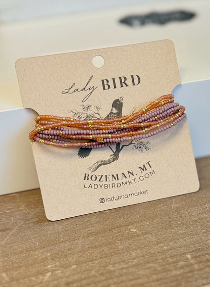 Double Up Coral & Lavender Boho Beaded Wrap Bracelet Stack or Necklace, Silver or Gold Accents