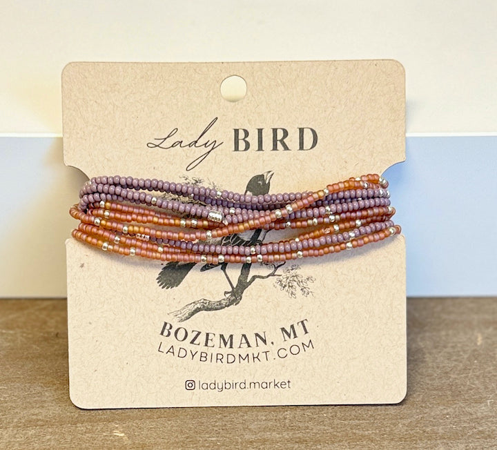 Double Up Coral & Lavender Boho Beaded Wrap Bracelet Stack or Necklace, Silver or Gold Accents