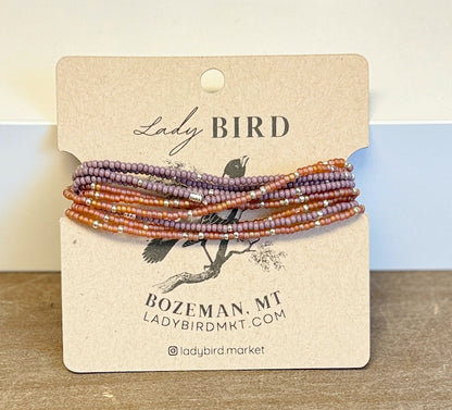 Double Up Coral & Lavender Boho Beaded Wrap Bracelet Stack or Necklace, Silver or Gold Accents