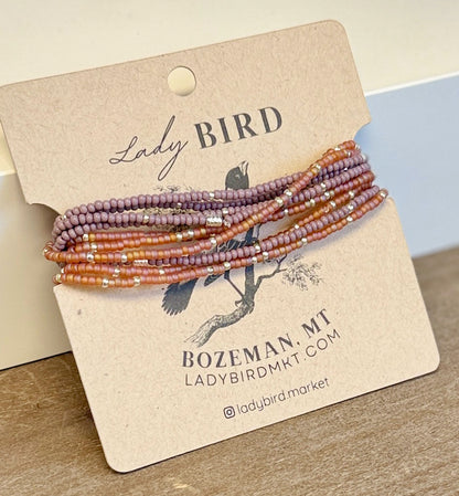 Double Up Coral & Lavender Boho Beaded Wrap Bracelet Stack or Necklace, Silver or Gold Accents