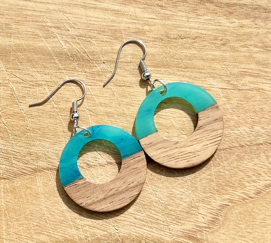 Walnut Wood & Turquoise Resin Hoop Earrings