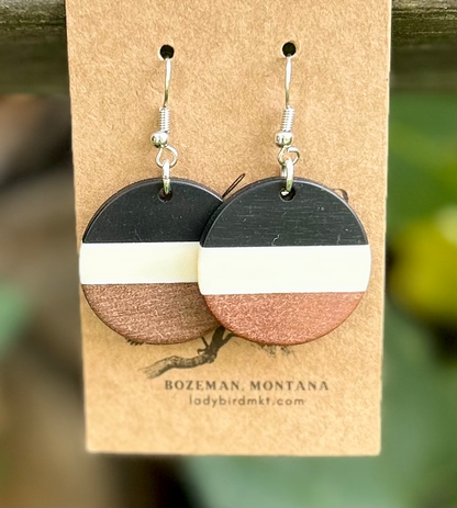 Black, White & Wood Striped Resin Circle Earrings