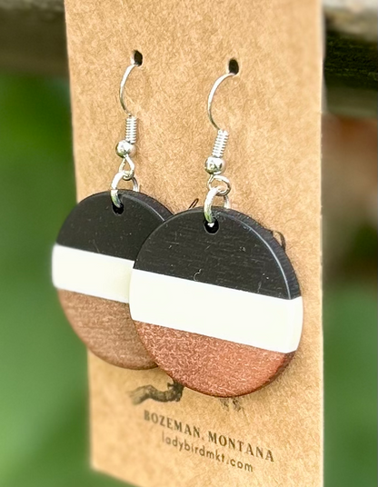 Black, White & Wood Striped Resin Circle Earrings