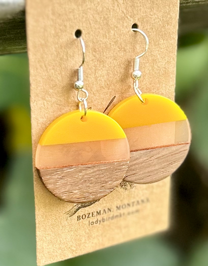 Wood & Yellow Mixed Resin Circle Earrings